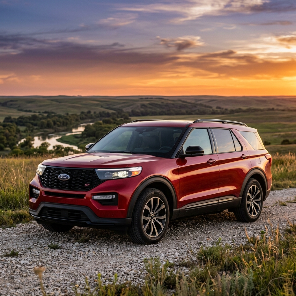 Red Ford Explorer ST SUV parked on a gravel trail in a scenic countryside landscape at sunset. (Representative image for illustration purposes only. Actual vehicle may vary based on trim and configuration.)