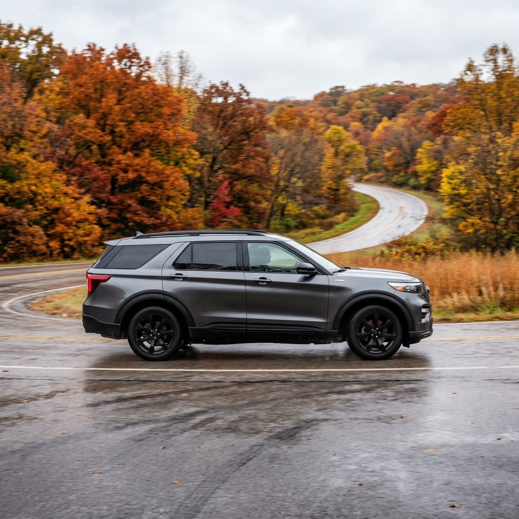 Side view of a dark gray SUV driving on a wet, winding road through colorful fall trees. (Representative image for illustration purposes only. Actual vehicle may vary based on trim and configuration.)