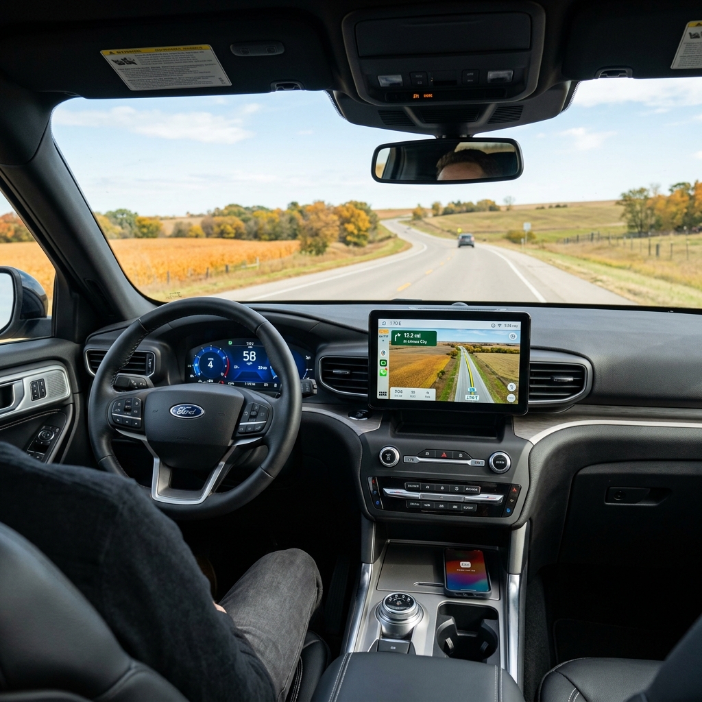 View from inside a modern Ford SUV driving along a scenic rural highway with digital dashboard navigation visible. (Representative image for illustration purposes only. Actual vehicle may vary based on trim and configuration.)