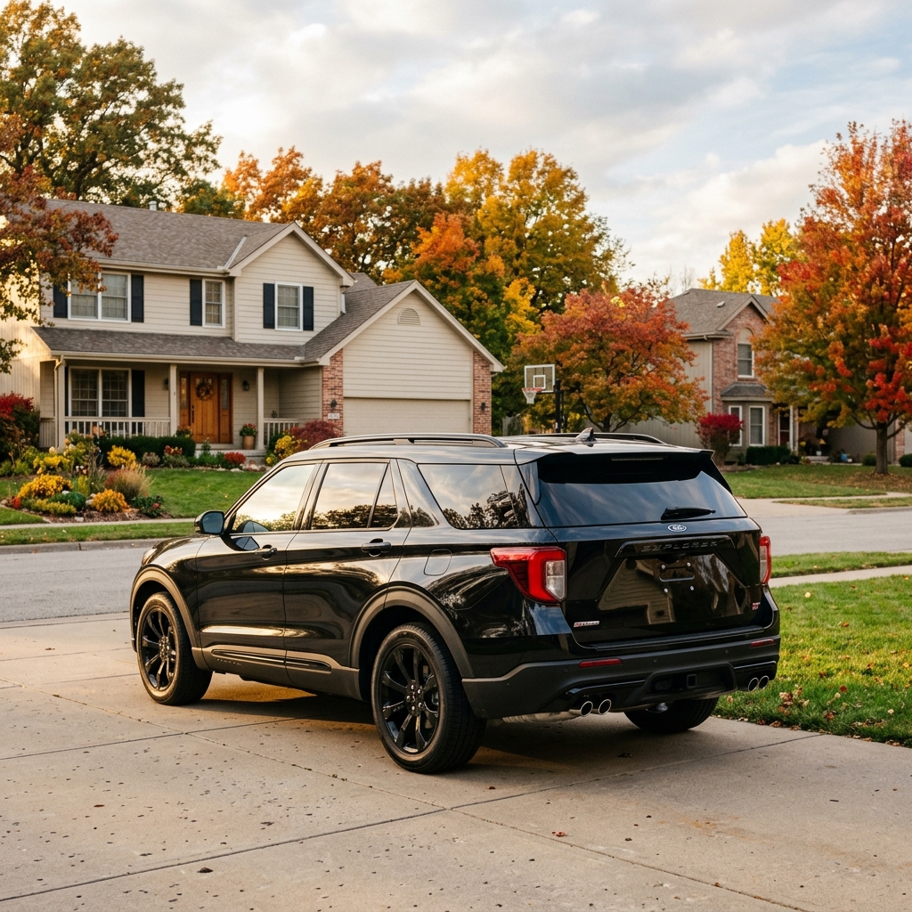 A black Ford Explorer parked in a suburban driveway surrounded by colorful autumn trees and houses. (Representative image for illustration purposes only. Actual vehicle may vary based on trim and configuration.)