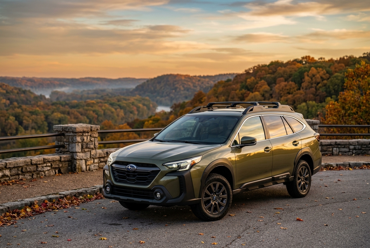 Green Subaru Outback parked at a stone overlook during sunset with vibrant autumn trees in the background. (Representative image for illustration purposes only. Actual vehicle may vary based on trim and configuration.)
