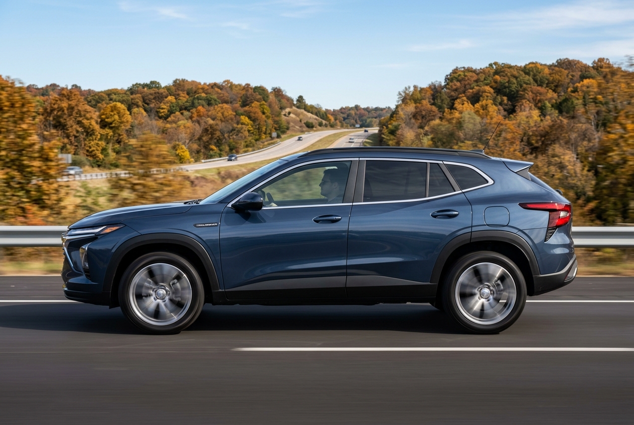 Metallic blue Chevrolet Trax SUV driving along a highway against a scenic autumn tree background. (Representative image for illustration purposes only. Actual vehicle may vary based on trim and configuration.)