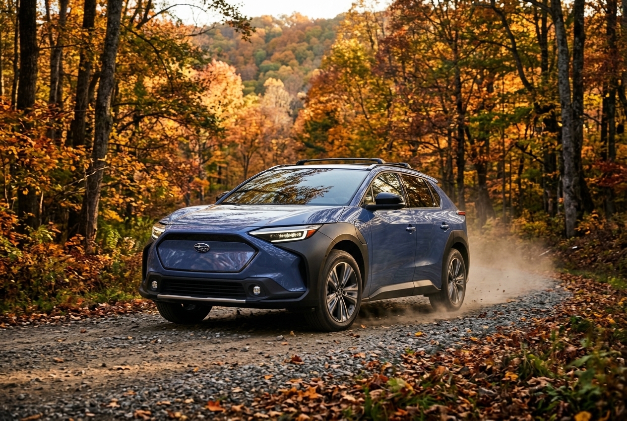 Blue Subaru Solterra electric SUV driving on a gravel road through a vibrant autumn forest. (Representative image for illustration purposes only. Actual vehicle may vary based on trim and configuration.)
