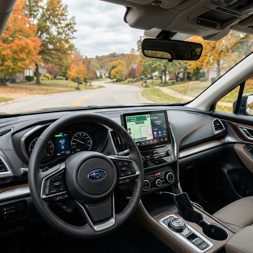 Driver's perspective inside a Subaru car cruising down a suburban street with colorful fall foliage. (Representative image for illustration purposes only. Actual vehicle may vary based on trim and configuration.)