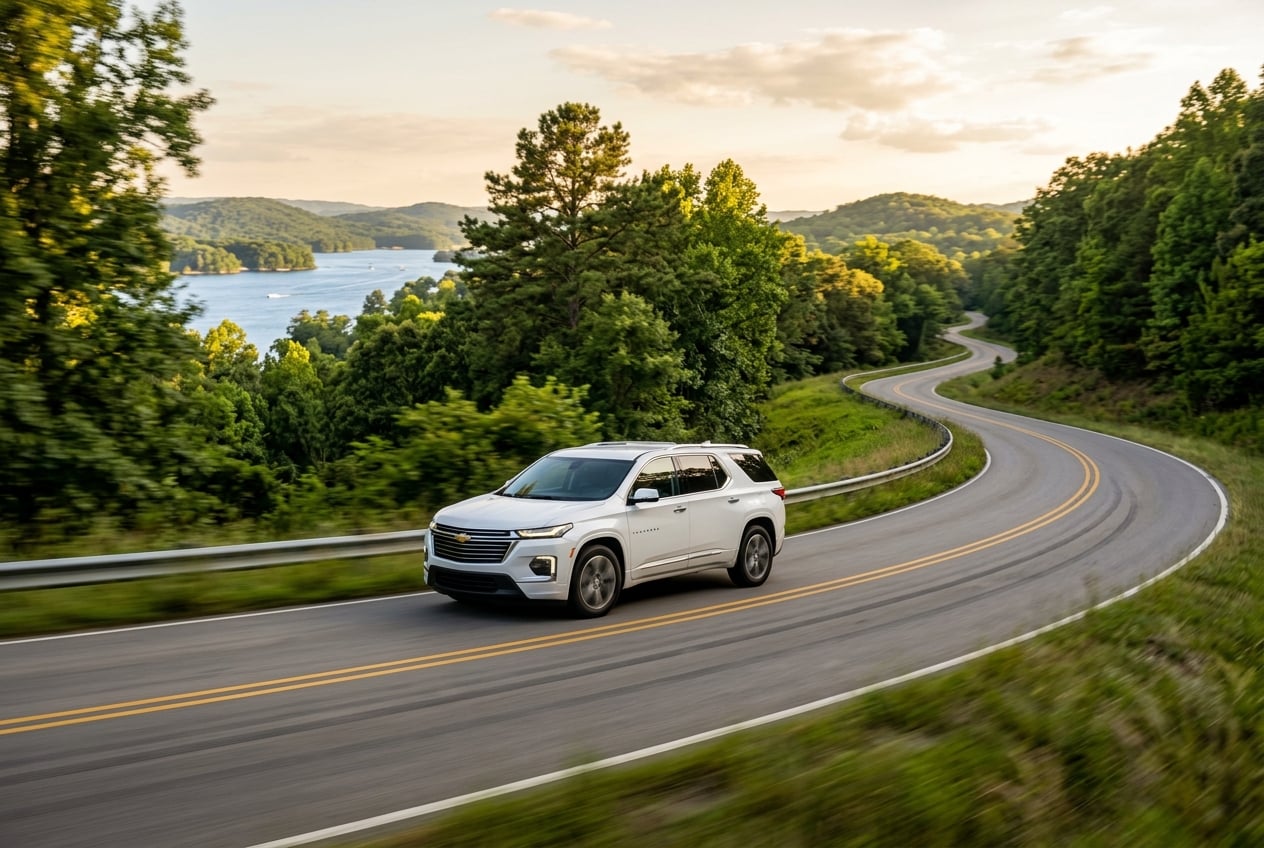 2027 Chevrolet Traverse in white, driving along a curving two-lane road through rolling green hills near Guntersville, Alabama, lake glimpsed through trees, motion blur on the road, golden hour, realistic automotive photography, no people, no text, no logos (Representative image for illustration purposes only. Actual vehicle may vary based on trim and configuration.)