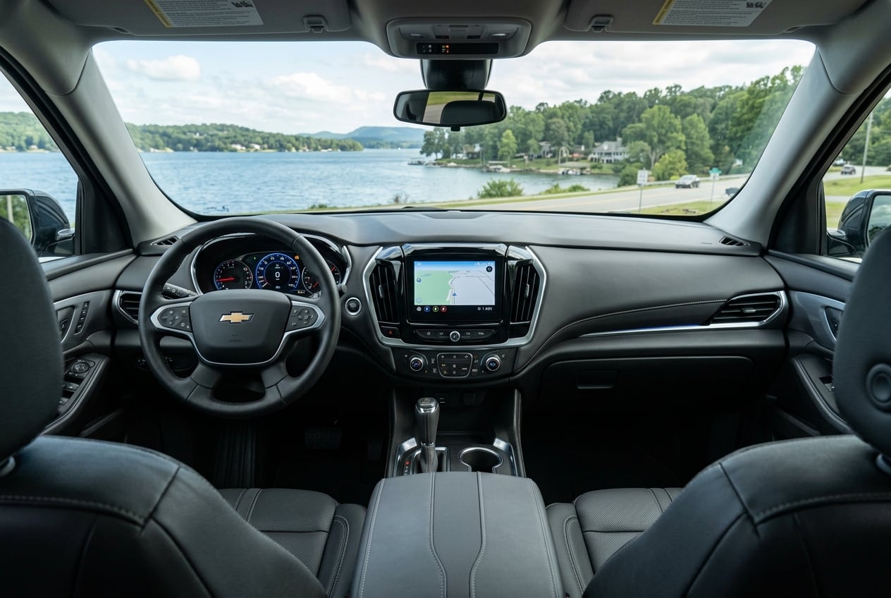 Interior dashboard of the 2027 Chevrolet Traverse, large center touchscreen and digital driver display glowing, view from the rear seat toward the windshield with Lake Guntersville, Alabama shoreline visible outside, daylight, realistic automotive interior photography, no people, no readable text, no logos (Representative image for illustration purposes only. Actual vehicle may vary based on trim and configuration.)