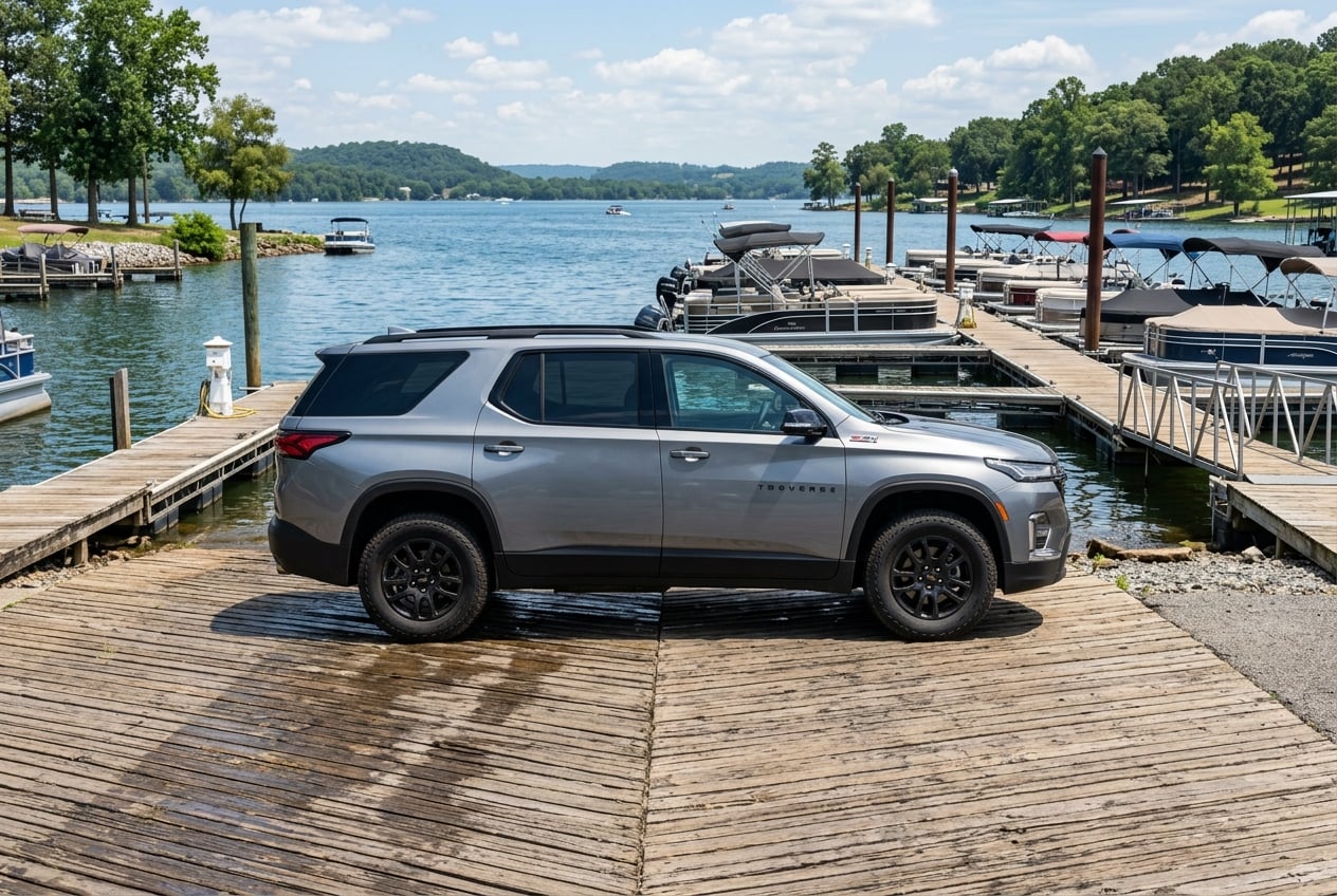 2027 Chevrolet Traverse Z71 in gray, side profile, parked at a wooden marina boat ramp on Lake Guntersville, Alabama, pontoon boats docked nearby, summer afternoon sun, rugged styling, realistic automotive photography, no people as focal point, no text, no logos (Representative image for illustration purposes only. Actual vehicle may vary based on trim and configuration.)