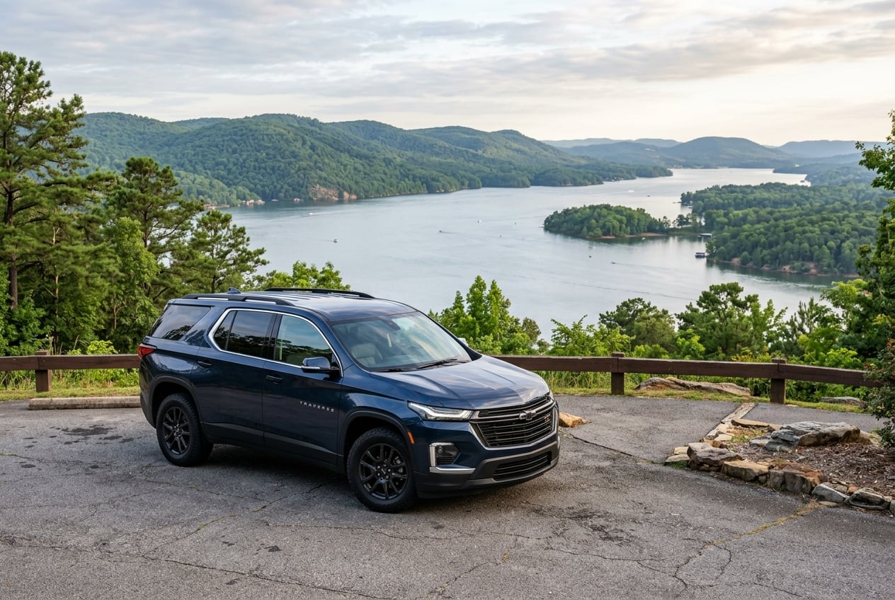 2027 Chevrolet Traverse three-row SUV in dark blue metallic, three-quarter front view, parked on a lakeside overlook above Lake Guntersville, Alabama, wooded Appalachian foothills and calm water behind, soft morning light, realistic automotive photography, no people, no text, no logos (Representative image for illustration purposes only. Actual vehicle may vary based on trim and configuration.)
