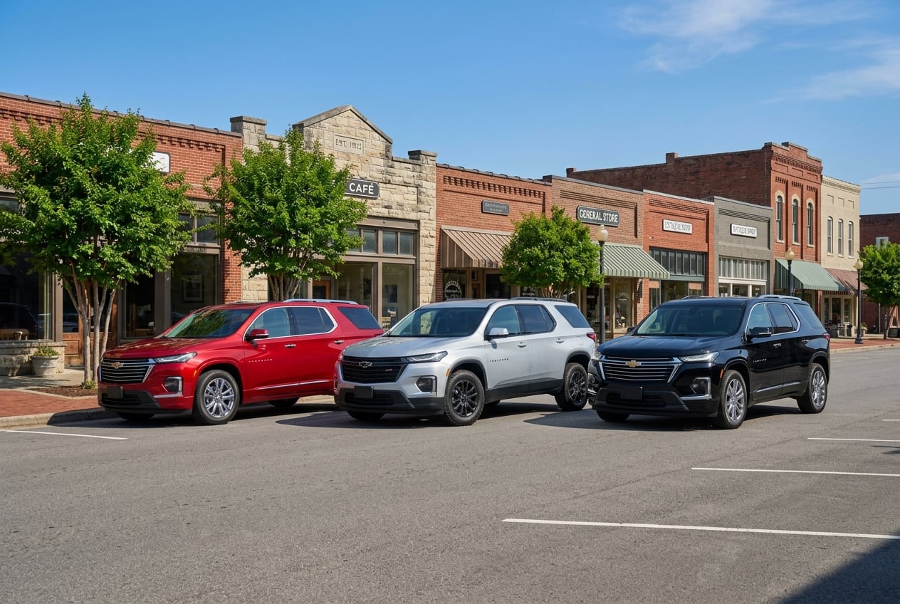 Three 2027 Chevrolet Traverse SUVs in different colors (red, silver, black) parked side by side in front of a small-town Alabama main street storefront row in Guntersville, clear blue sky, trim lineup comparison feel, realistic automotive photography, no people, no text, no logos (Representative image for illustration purposes only. Actual vehicle may vary based on trim and configuration.)