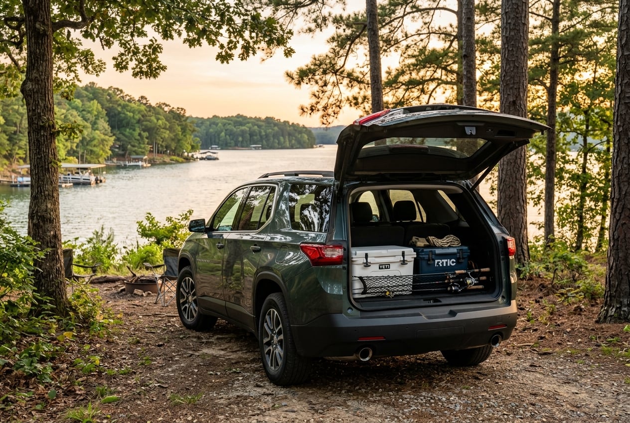 2027 Chevrolet Traverse in dark green metallic with rear liftgate open showing spacious cargo area with coolers and fishing rods, parked at a lakeside campground on Lake Guntersville, Alabama, late afternoon light through pine trees, realistic automotive photography, no people, no text, no logos (Representative image for illustration purposes only. Actual vehicle may vary based on trim and configuration.)