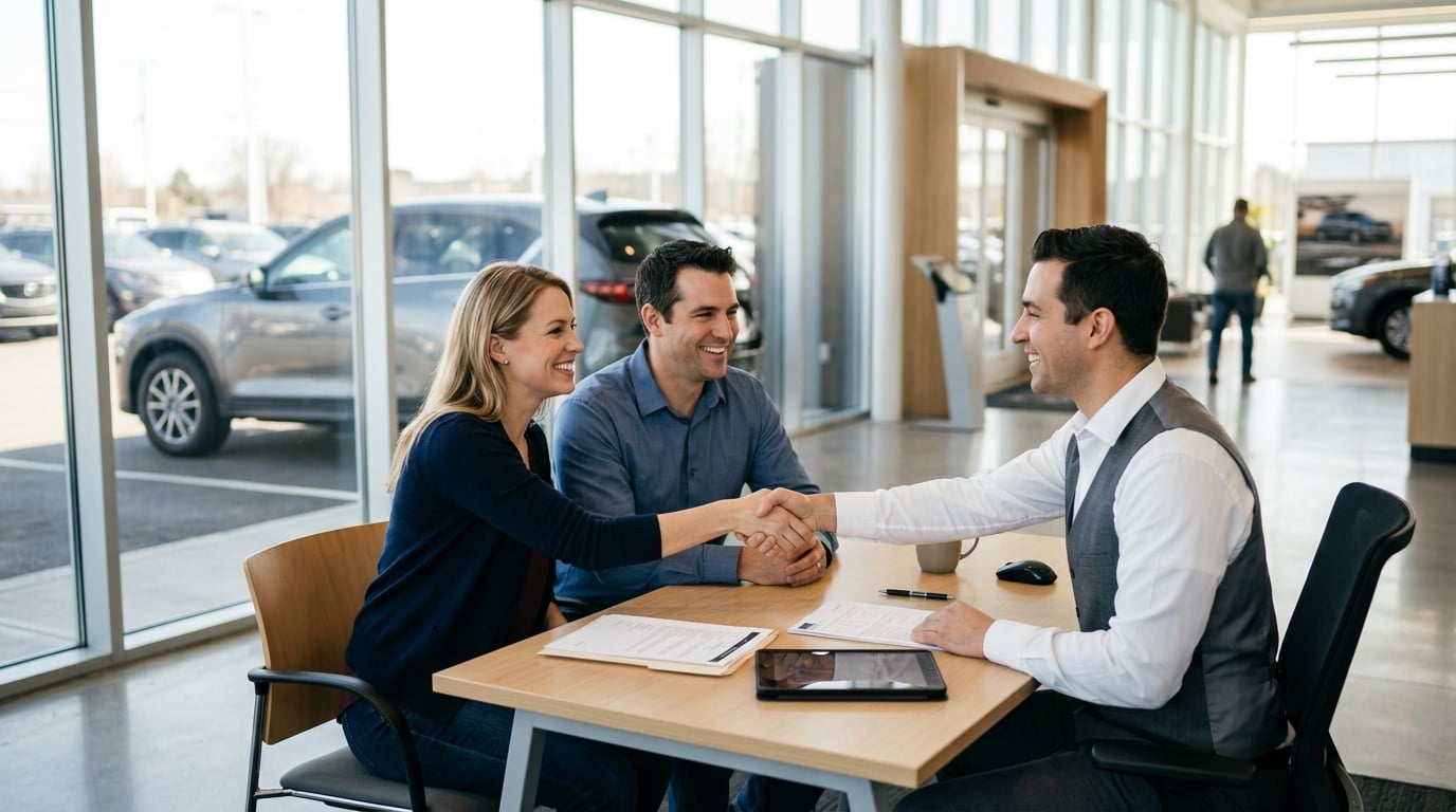 Couple shaking hands with a sales consultant after finalizing a vehicle trade-in