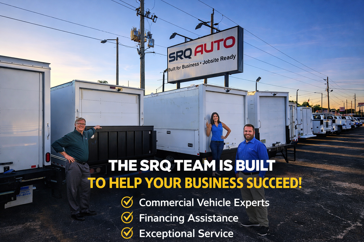 A wide variety of commercial trucks and vans lined up at SRQ Auto LLC in Bradenton, FL