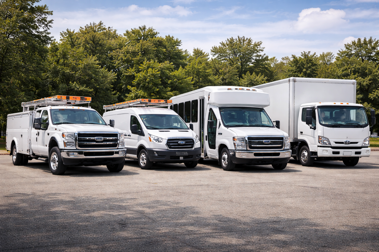 Row of specialized utility trucks and bucket trucks ready for work