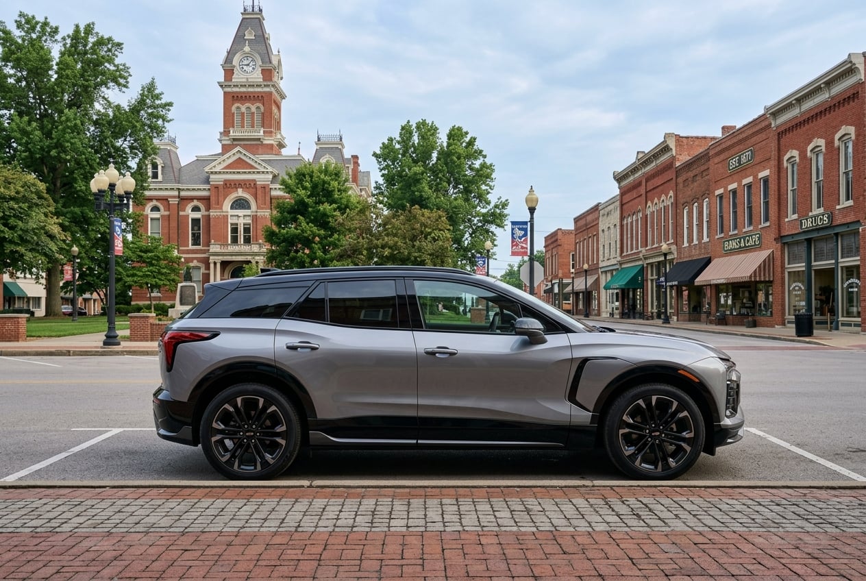 2027 Chevrolet Blazer EV, side profile, parked along a historic brick small-town courthouse square in Russellville, Kentucky, with old storefronts and street lamps, soft morning light, realistic automotive photography, no people as focal point, no text or logos (Representative image for illustration purposes only. Actual vehicle may vary based on trim and configuration.)