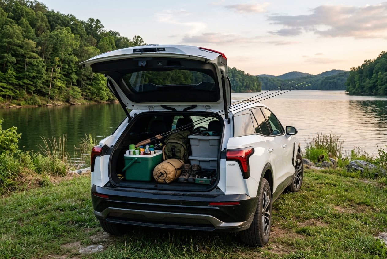 2027 Chevrolet Blazer EV, rear liftgate open showing a spacious cargo area loaded with camping gear, coolers and fishing rods, parked at the edge of a quiet lake with wooded hills in south-central Kentucky, summer evening light, realistic photography, no people, no text or logos (Representative image for illustration purposes only. Actual vehicle may vary based on trim and configuration.)