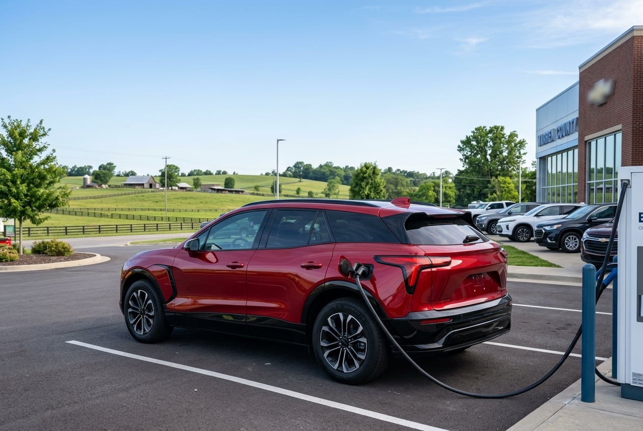 2027 Chevrolet Blazer EV, three-quarter rear view, plugged into a charging station at a modern small-town dealership lot near Bowling Green, Kentucky, with rolling farmland in the distance, clear blue sky, realistic automotive photography, no people, no text or logos (Representative image for illustration purposes only. Actual vehicle may vary based on trim and configuration.)