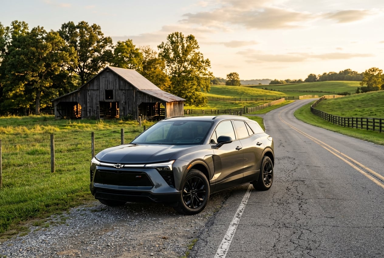 2027 Chevrolet Blazer EV, front three-quarter view, parked on a two-lane country road beside rolling green pastures and a weathered tobacco barn in Logan County, south-central Kentucky, golden late-afternoon light, realistic automotive photography, no people, no text or logos (Representative image for illustration purposes only. Actual vehicle may vary based on trim and configuration.)