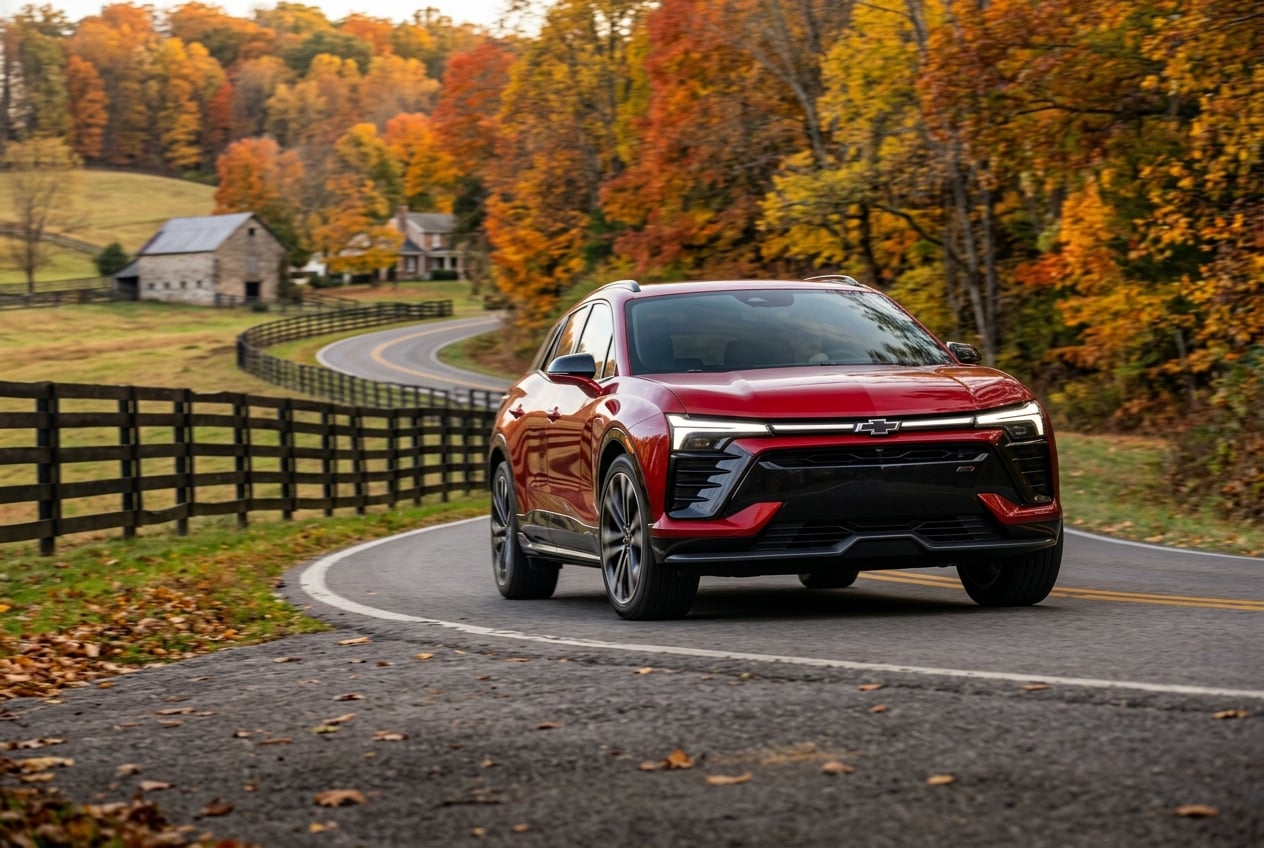 2027 Chevrolet Blazer EV, dramatic low-angle front view in motion on a winding two-lane road through autumn hardwood trees and horse-farm fencing in south-central Kentucky, crisp fall light, realistic automotive photography, no people, no text or logos (Representative image for illustration purposes only. Actual vehicle may vary based on trim and configuration.)