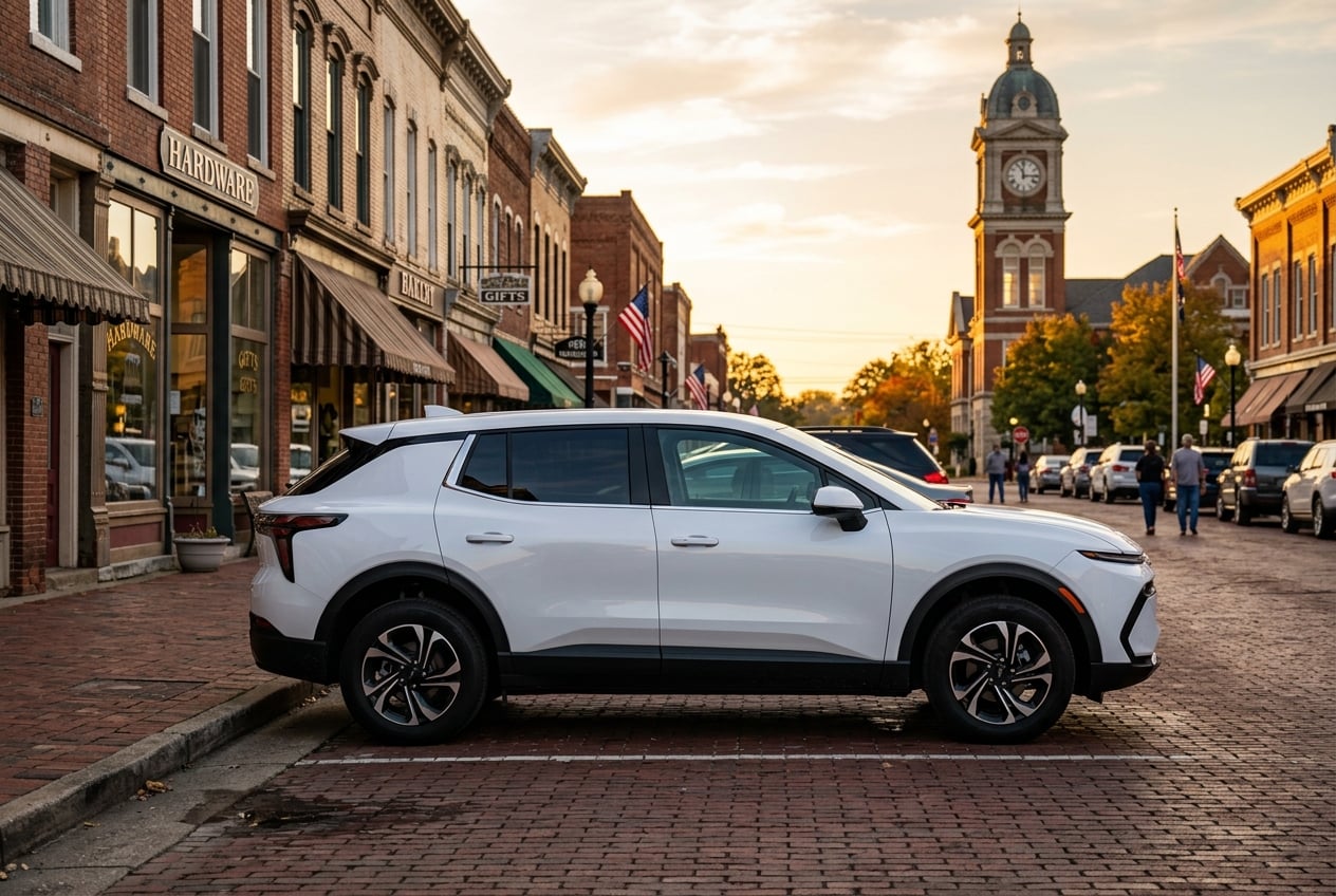 2027 Chevrolet Equinox compact SUV, side profile showing its exterior design, parked on a historic brick main street in a small south-central Kentucky town with old storefronts and a clock tower, late afternoon sun, realistic automotive photography, no people as focal point, no text or logos (Representative image for illustration purposes only. Actual vehicle may vary based on trim and configuration.)