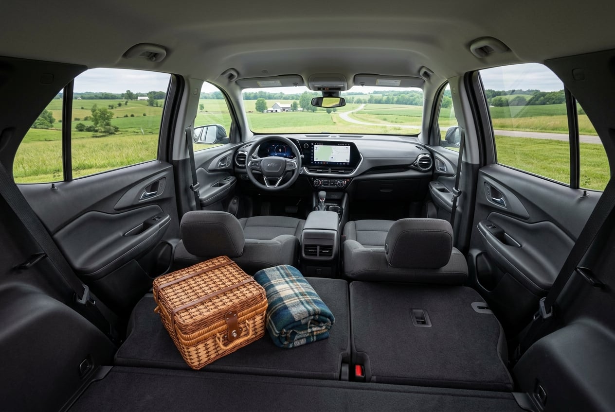 2027 Chevrolet Equinox interior, wide view of the roomy cabin showing front and rear seats, dashboard and large touchscreen, picnic basket and blanket on the rear seat, natural daylight with green Kentucky farmland visible through the windows, realistic automotive interior photography, no people, no text or logos (Representative image for illustration purposes only. Actual vehicle may vary based on trim and configuration.)