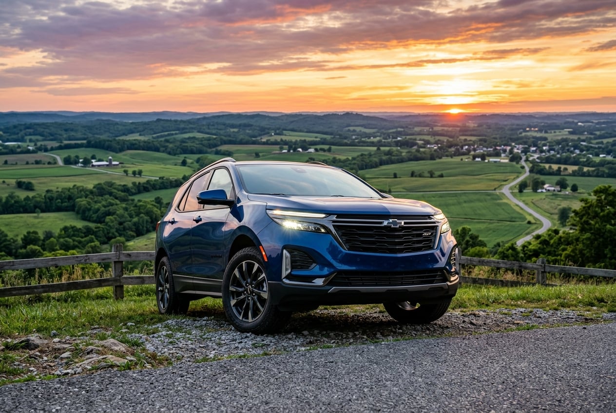 2027 Chevrolet Equinox compact SUV, dramatic low front view, parked on an overlook above rolling green hills and farmland near Bowling Green, Kentucky, golden sunset sky, realistic automotive photography, no people, no text or logos (Representative image for illustration purposes only. Actual vehicle may vary based on trim and configuration.)