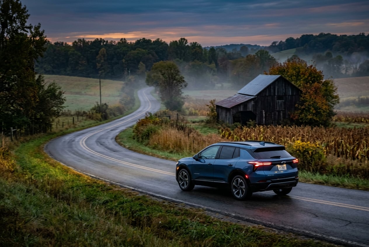 2027 Chevrolet Equinox compact SUV driving with headlights on along a winding two-lane country road at dusk past fields and a tobacco barn in south-central Kentucky, light fog in the low areas, realistic automotive photography, no people, no text or logos (Representative image for illustration purposes only. Actual vehicle may vary based on trim and configuration.)