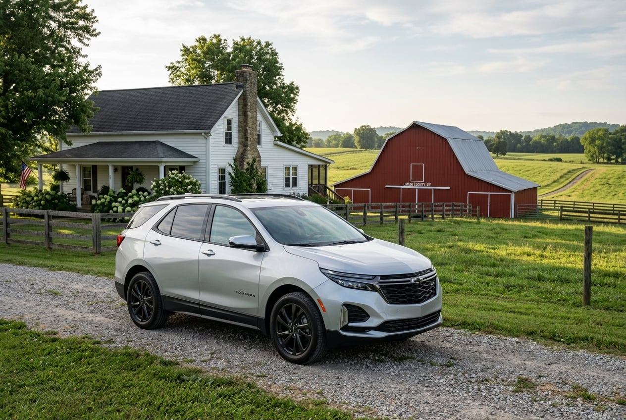 2027 Chevrolet Equinox compact SUV, front three-quarter view, parked in the gravel driveway of a white farmhouse with a red barn and rolling pasture in Logan County, Kentucky, soft morning light, realistic automotive photography, no people, no text or logos (Representative image for illustration purposes only. Actual vehicle may vary based on trim and configuration.)