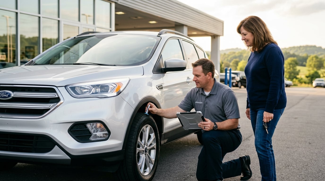 Vehicle appraiser checking the tire tread on a silver SUV while its owner looks on