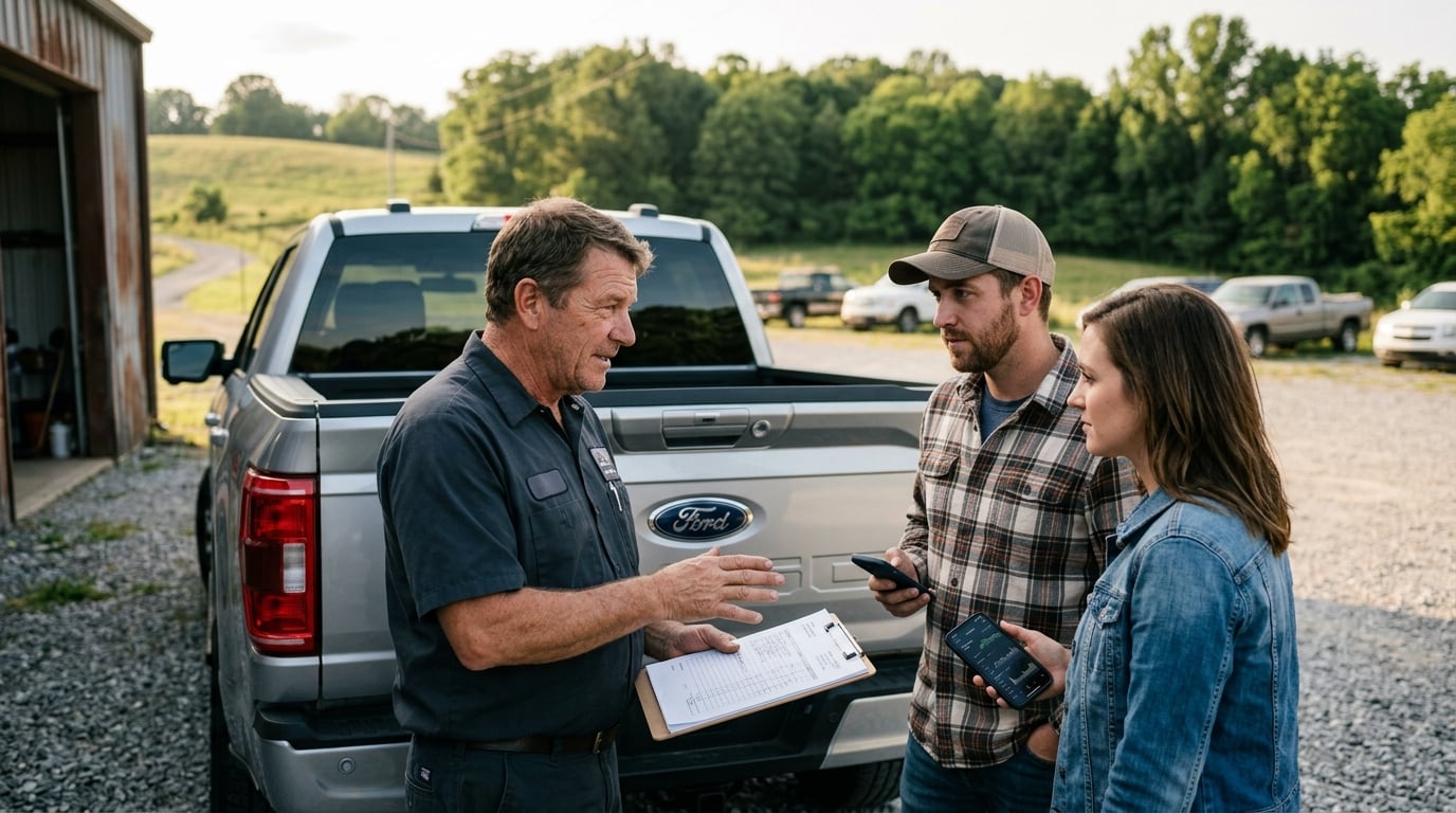 Service adviser going over an appraisal with a couple beside a silver Ford pickup
