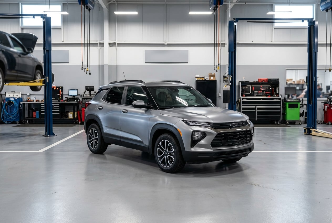 2027 Chevrolet Trailblazer Limited compact SUV parked inside a clean, well-lit dealership service bay in Russellville, Kentucky, with lifts and tool chests in the background, realistic automotive photography, no people, no text or logos (Representative image for illustration purposes only. Actual vehicle may vary based on trim and configuration.)
