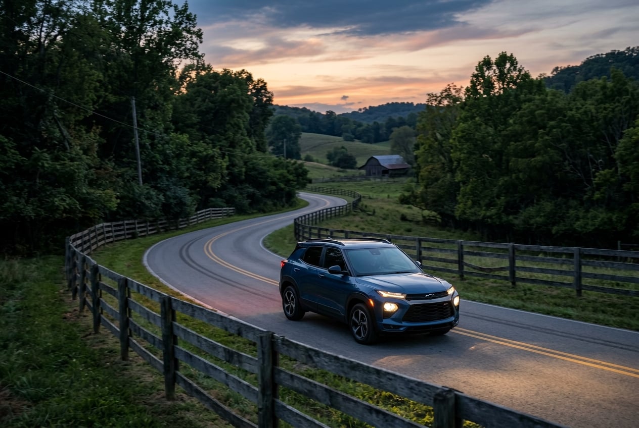 2027 Chevrolet Trailblazer Limited compact SUV driving with headlights on along a winding rural Kentucky backroad at dusk, farm fences and trees on both sides, realistic automotive photography, no people, no text or logos (Representative image for illustration purposes only. Actual vehicle may vary based on trim and configuration.)