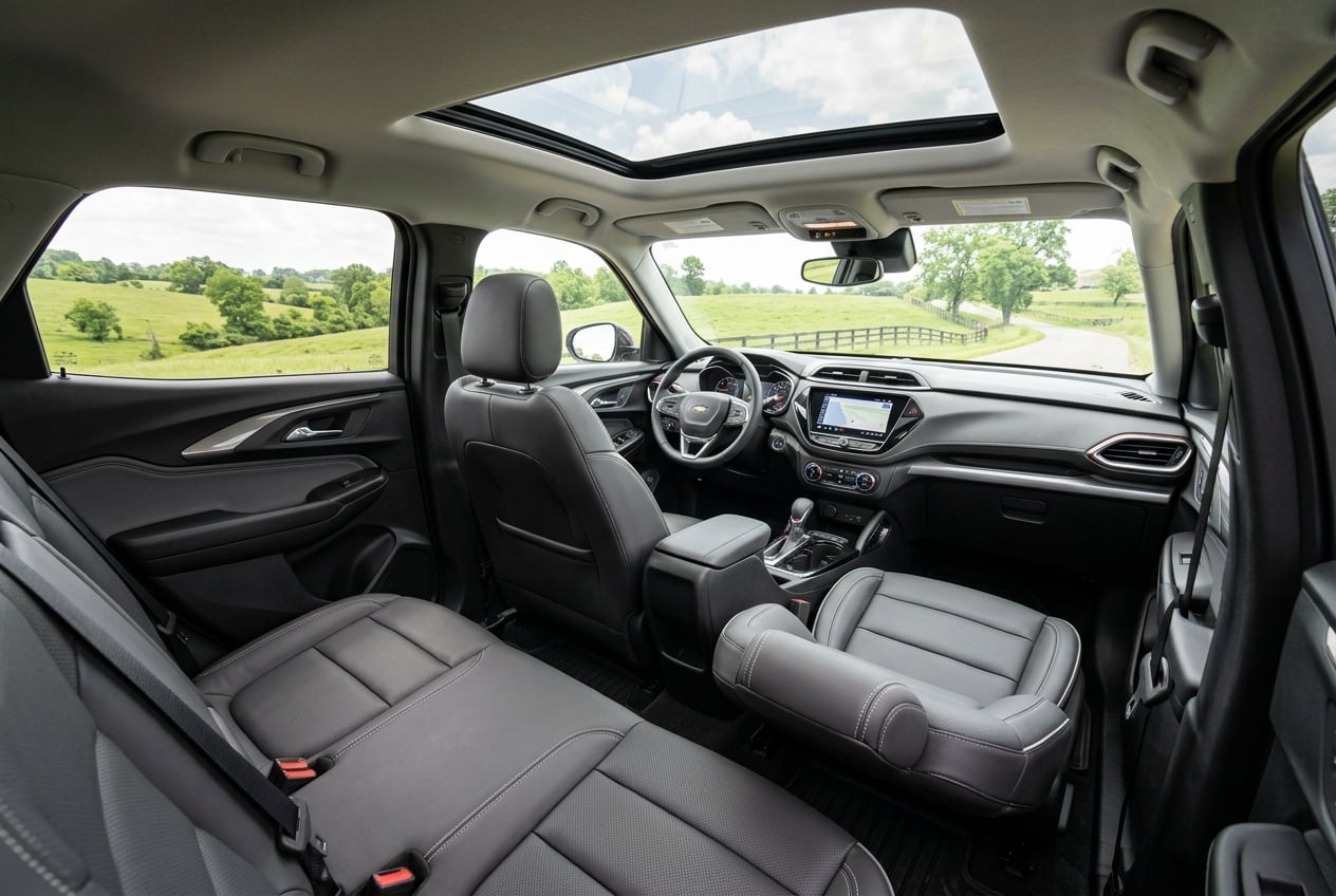 2027 Chevrolet Trailblazer Limited interior, wide view of the comfortable cabin with front and rear seats and modern dashboard, soft natural light with Kentucky countryside visible through the windows, realistic automotive interior photography, no people, no text or logos (Representative image for illustration purposes only. Actual vehicle may vary based on trim and configuration.)