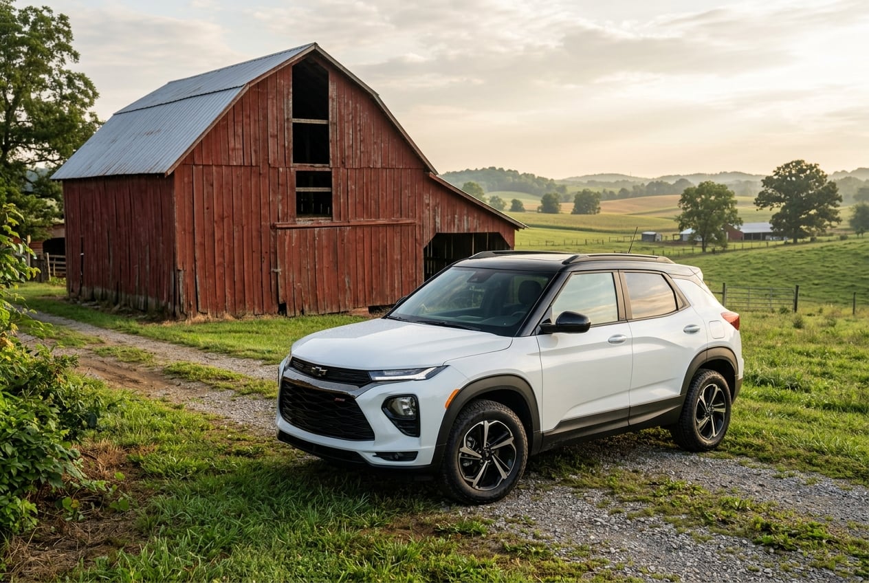 2027 Chevrolet Trailblazer Limited compact SUV, front three-quarter view, parked beside a red tobacco barn and rolling farmland in south-central Kentucky, soft morning light, realistic automotive photography, no people, no text or logos (Representative image for illustration purposes only. Actual vehicle may vary based on trim and configuration.)