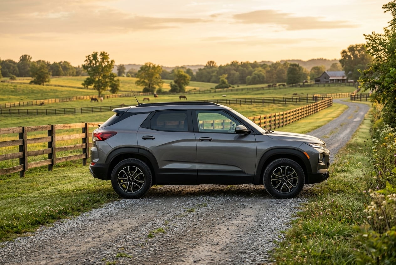 2027 Chevrolet Trailblazer Limited compact SUV, side profile showing its rugged exterior design, parked on a gravel country lane with wooden fences and pasture near Russellville, Kentucky, golden hour, realistic automotive photography, no people, no text or logos (Representative image for illustration purposes only. Actual vehicle may vary based on trim and configuration.)