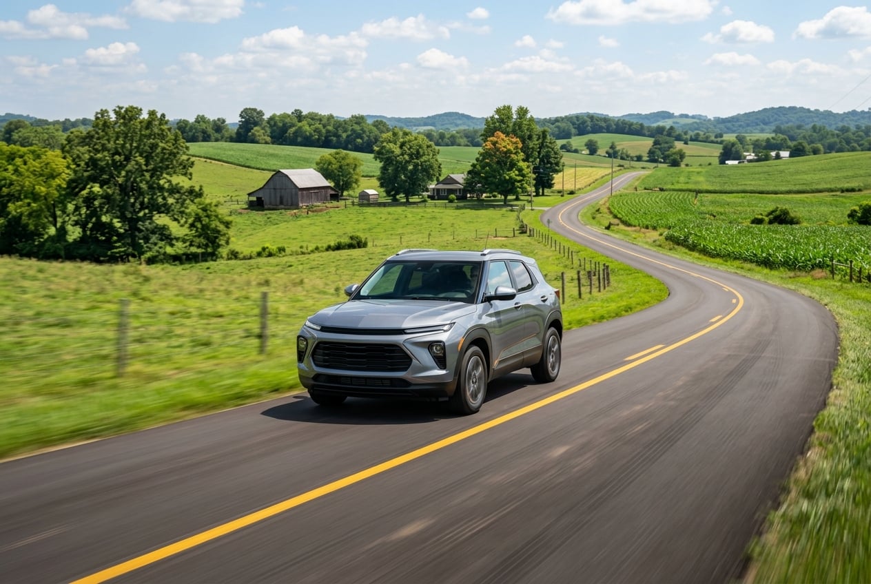 2027 Chevrolet Trailblazer Limited compact SUV driving along a two-lane road through rolling farmland in Logan County, Kentucky, bright afternoon, realistic automotive photography, no people, no text or logos (Representative image for illustration purposes only. Actual vehicle may vary based on trim and configuration.)