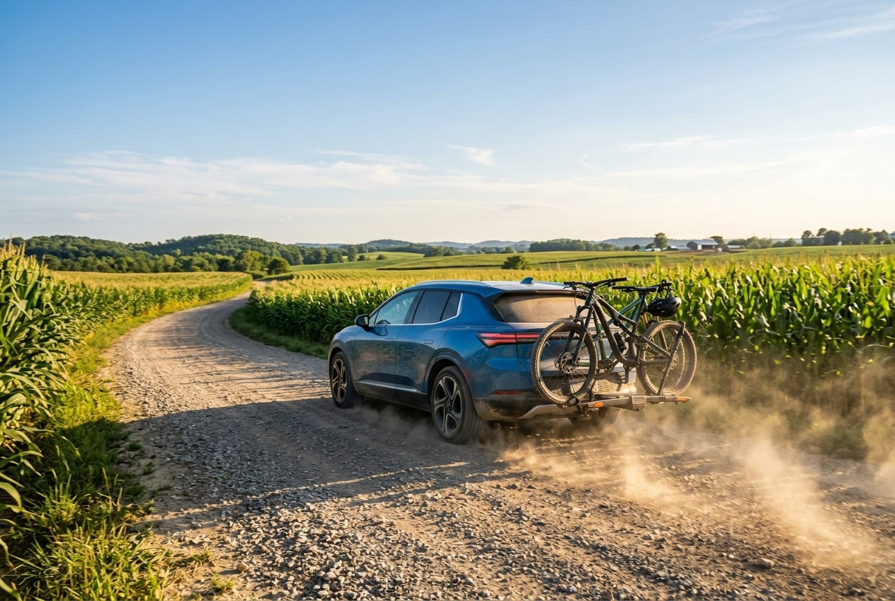 2027 Chevrolet Equinox EV electric SUV driving on a gravel farm road between cornfields in south-central Kentucky with a bike rack on the back, dust trailing, afternoon sun, realistic automotive photography, no people, no text or logos (Representative image for illustration purposes only. Actual vehicle may vary based on trim and configuration.)
