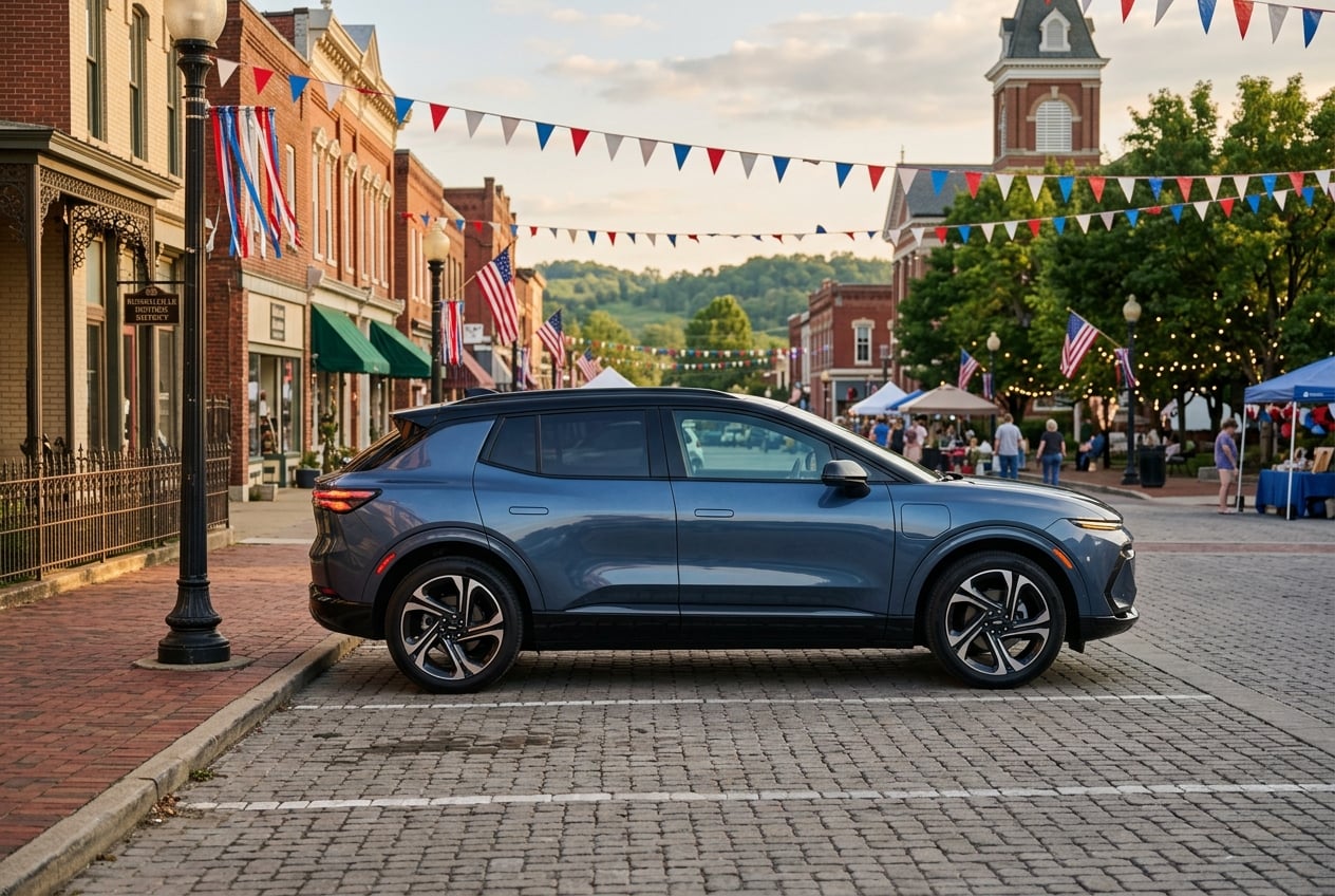 2027 Chevrolet Equinox EV electric SUV, side profile showing its styling, parked on a small-town square in Russellville, Kentucky decorated with bunting for a community festival, rolling hills in the distance, late afternoon light, realistic automotive photography, no people as focal point, no text or logos (Representative image for illustration purposes only. Actual vehicle may vary based on trim and configuration.)