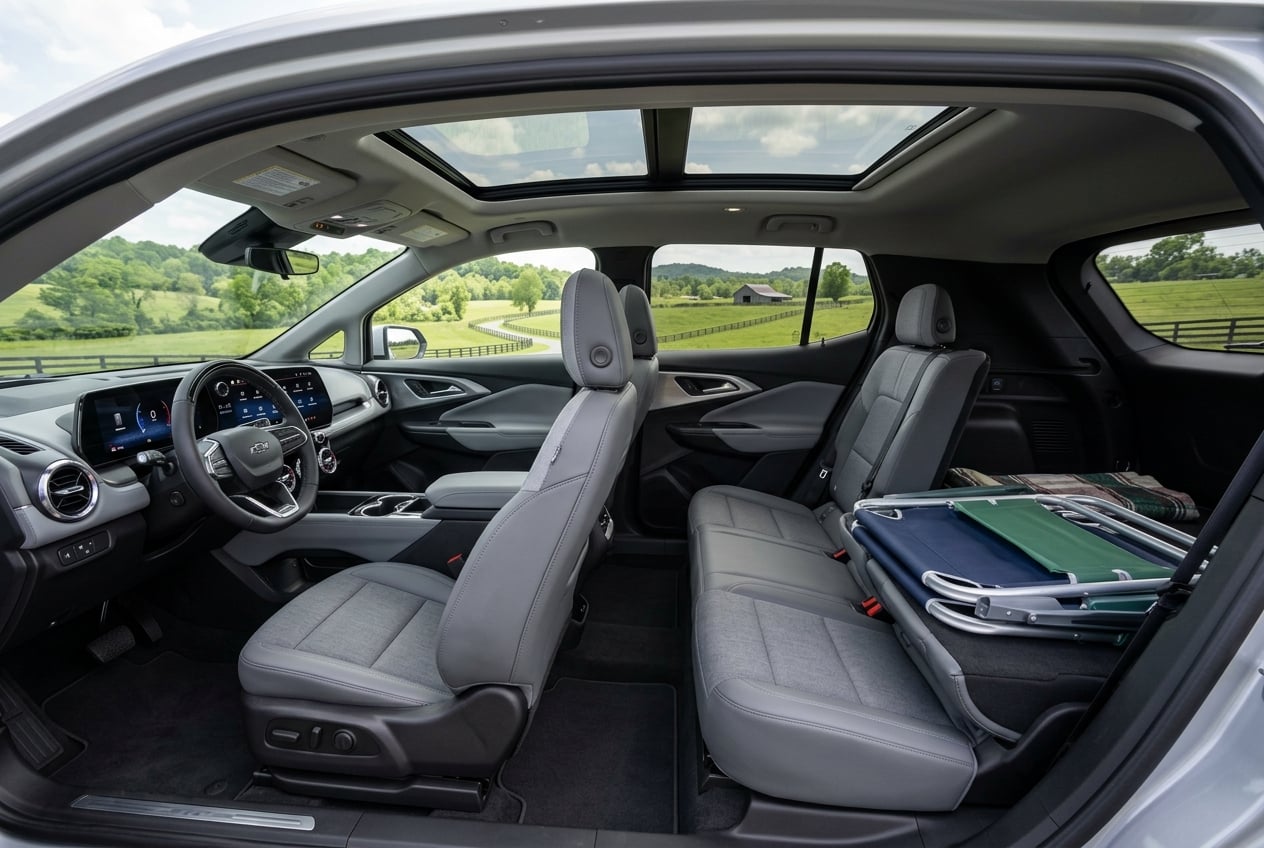 2027 Chevrolet Equinox EV interior, wide view of the spacious cabin with front and rear seats, large panoramic display and flat floor, folding lawn chairs in the cargo area, soft natural daylight, Kentucky countryside through the windows, realistic automotive interior photography, no people, no text or logos (Representative image for illustration purposes only. Actual vehicle may vary based on trim and configuration.)