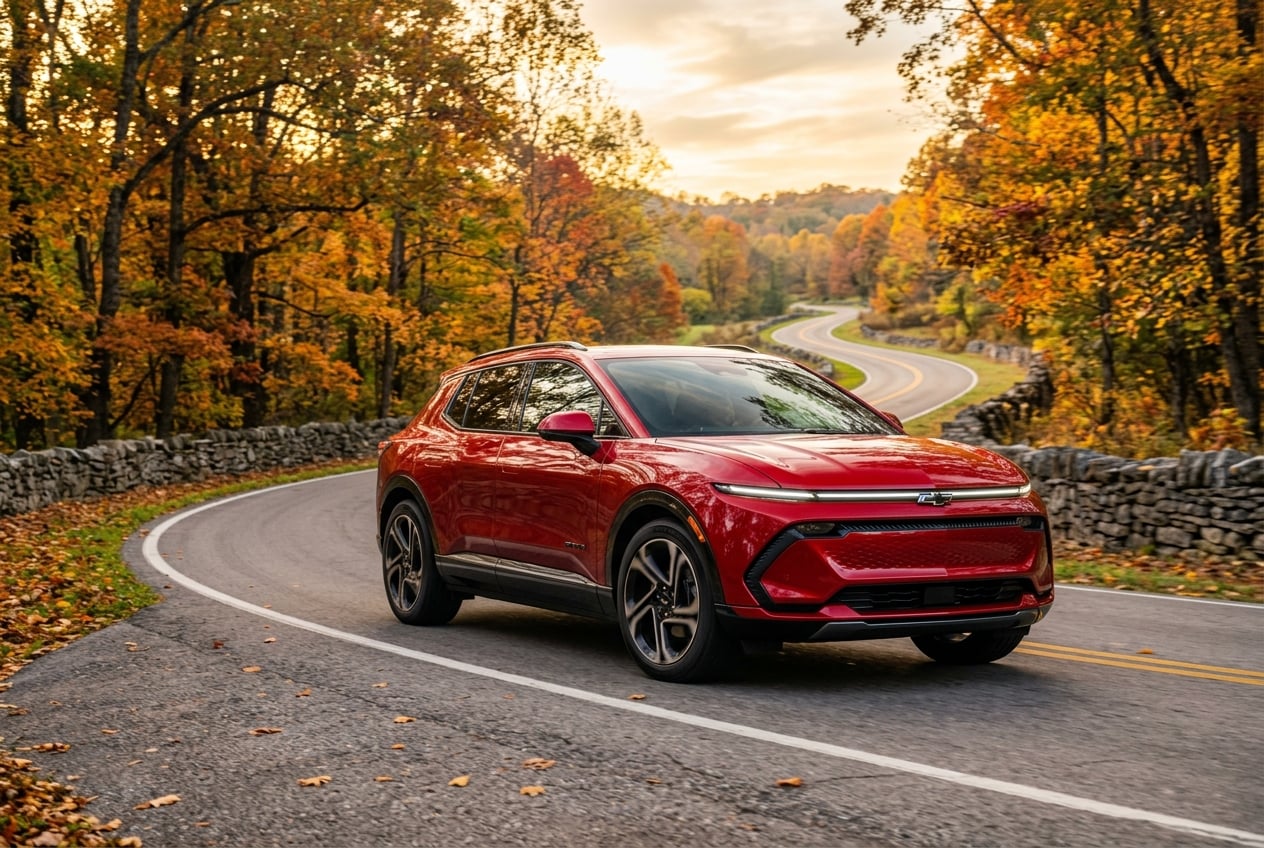 2027 Chevrolet Equinox EV electric SUV, dramatic low front three-quarter view on a winding country road lined with autumn trees and stone fences in south-central Kentucky, golden hour light, realistic automotive photography, no people, no text or logos (Representative image for illustration purposes only. Actual vehicle may vary based on trim and configuration.)