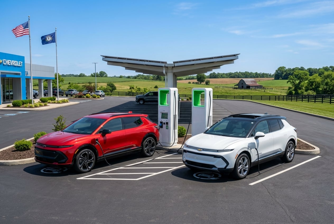 Two 2027 Chevrolet Equinox EV electric SUVs in different trims and colors parked at charging stations on a clean small-town Kentucky dealership lot, rolling farmland behind, clear blue sky, realistic automotive photography, no people, no text or logos (Representative image for illustration purposes only. Actual vehicle may vary based on trim and configuration.)