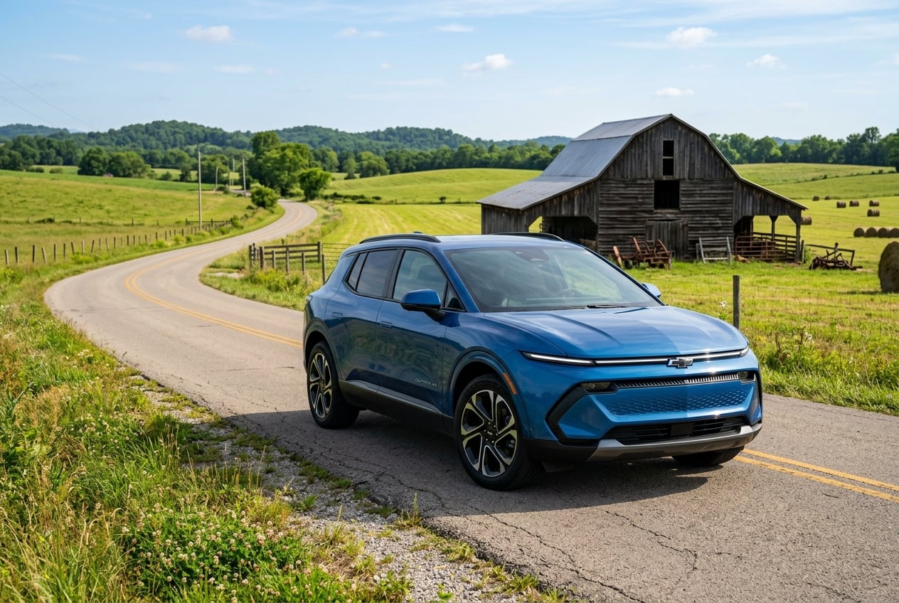 2027 Chevrolet Equinox EV electric SUV, front three-quarter view, parked on a quiet two-lane road beside a tobacco barn and rolling green hayfields in Logan County, Kentucky, bright summer morning, realistic automotive photography, no people, no text or logos (Representative image for illustration purposes only. Actual vehicle may vary based on trim and configuration.)