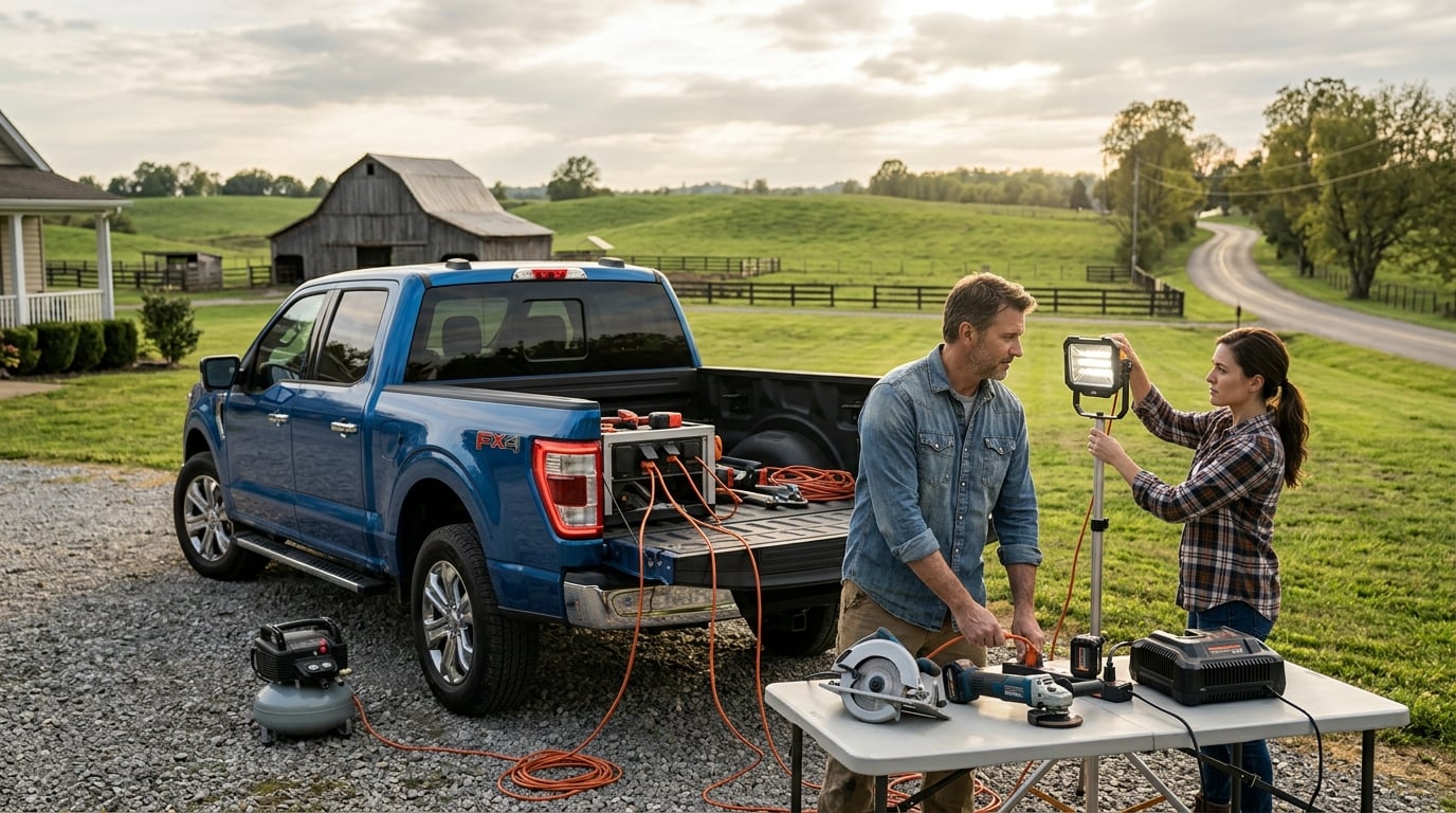 Ford F-150 running work lights and power tools from its bed on a Middle Tennessee farm
