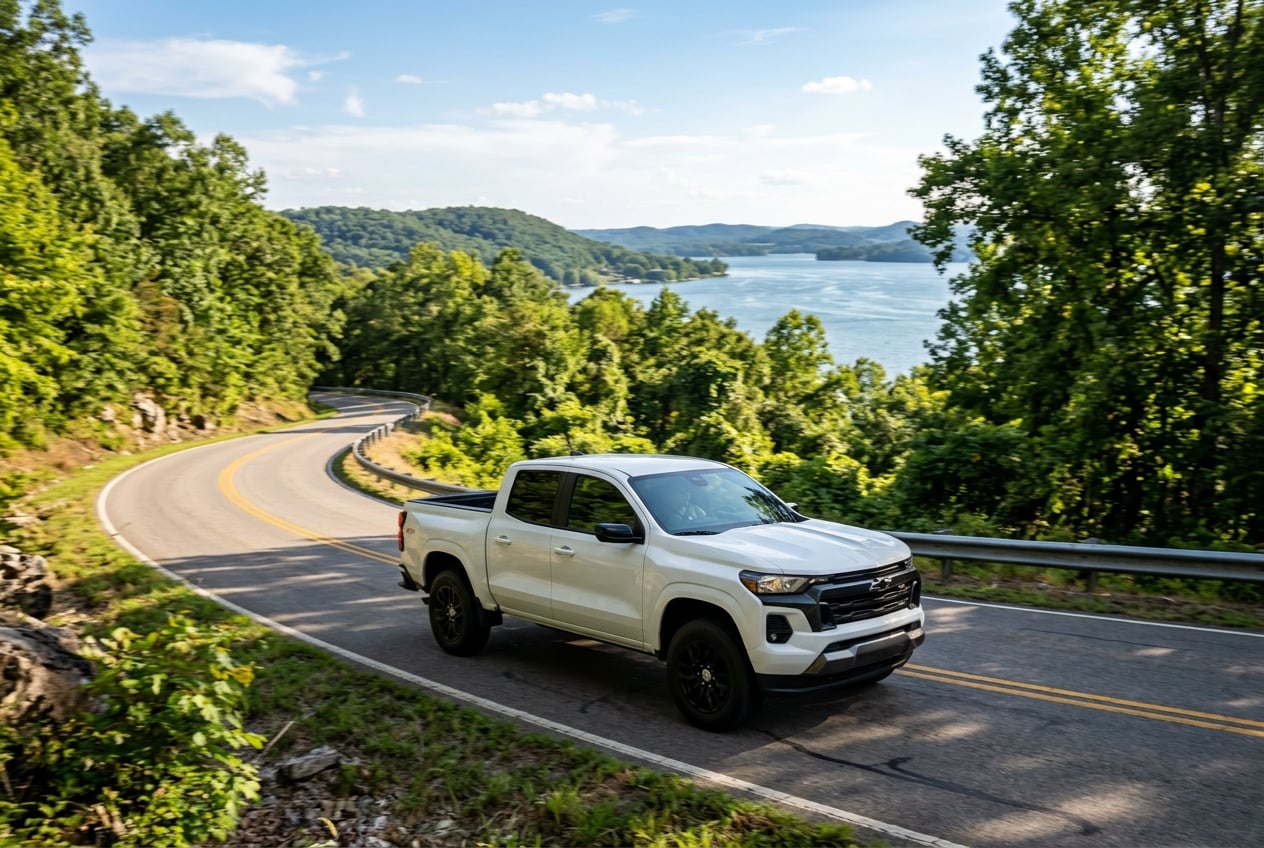 2027 Chevrolet Colorado in white driving along a winding two-lane lakeshore road through rolling hills near Guntersville, Alabama, water glimpsed through trees, dynamic motion, afternoon sun, realistic automotive photography, no people, no text, no logos (Representative image for illustration purposes only. Actual vehicle may vary based on trim and configuration.)