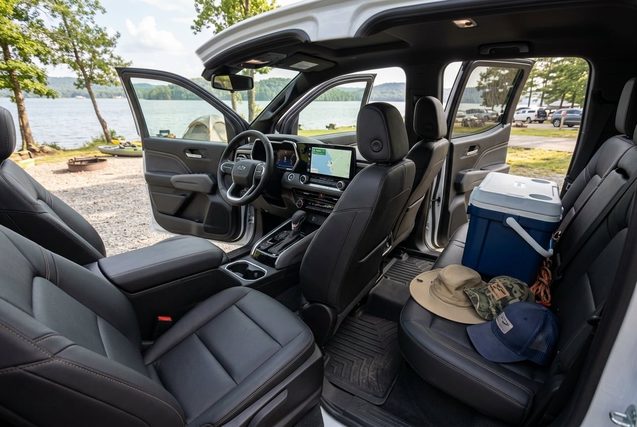 Interior cabin of the 2027 Chevrolet Colorado crew cab, front seats and dashboard with center touchscreen, rear seat with a cooler and fishing hats, doors open at a lakeside campsite near Guntersville, Alabama, daylight, realistic automotive interior photography, no people, no readable text, no logos (Representative image for illustration purposes only. Actual vehicle may vary based on trim and configuration.)
