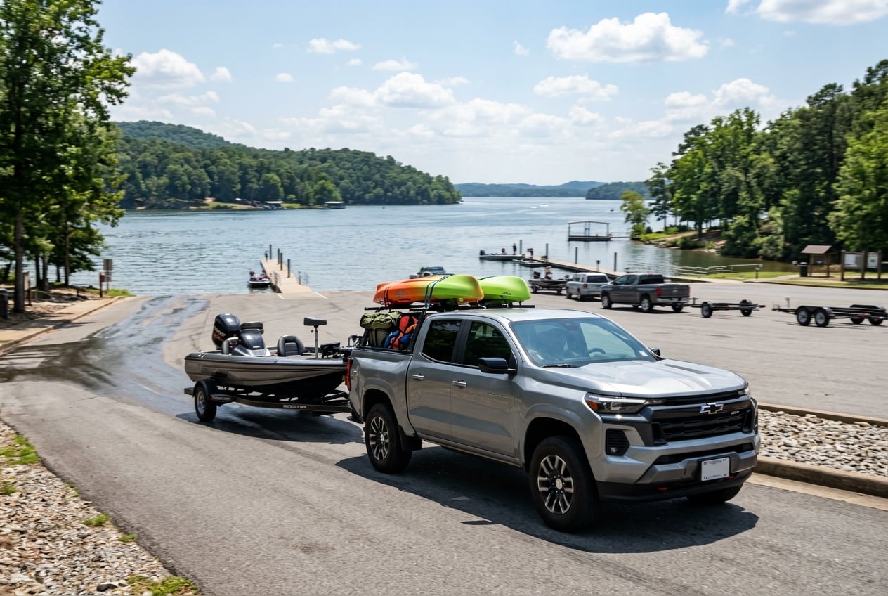 2027 Chevrolet Colorado crew cab in silver towing a small bass boat on a trailer toward a public boat ramp at Lake Guntersville, Alabama, kayaks and camping gear in the truck bed, summer afternoon, realistic automotive photography, no people as focal point, no text, no logos (Representative image for illustration purposes only. Actual vehicle may vary based on trim and configuration.)