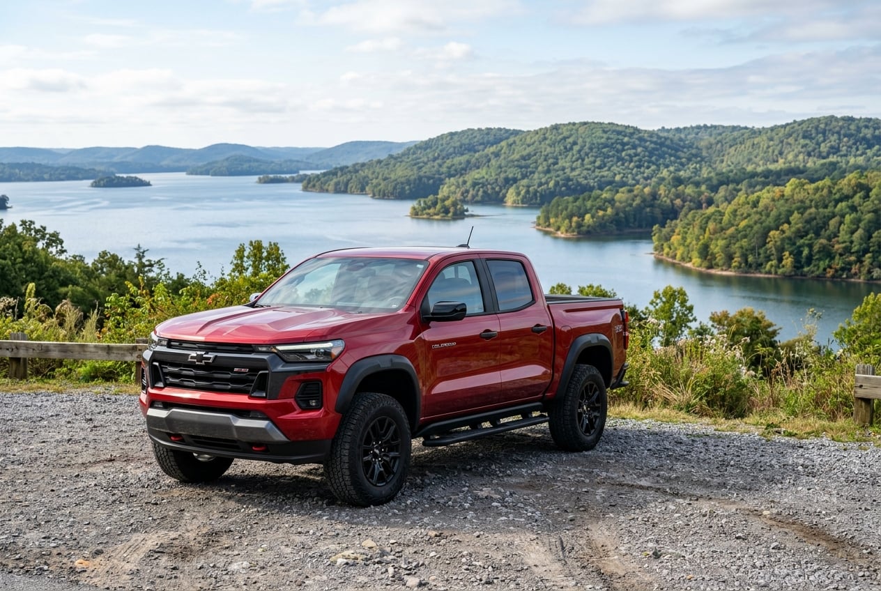 2027 Chevrolet Colorado midsize pickup truck in red, three-quarter front view, parked on a gravel lot overlooking Lake Guntersville, Alabama, wooded hills and calm blue water behind, bright morning light, realistic automotive photography, no people, no text, no logos (Representative image for illustration purposes only. Actual vehicle may vary based on trim and configuration.)