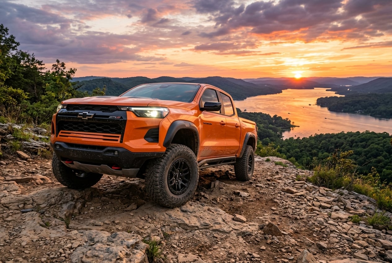 2027 Chevrolet Colorado ZR2 in bright orange, dramatic low-angle front view, parked on a rocky Appalachian foothill trail overlook above Lake Guntersville, Alabama at sunset, premium hero shot, realistic automotive photography, no people, no text, no logos (Representative image for illustration purposes only. Actual vehicle may vary based on trim and configuration.)