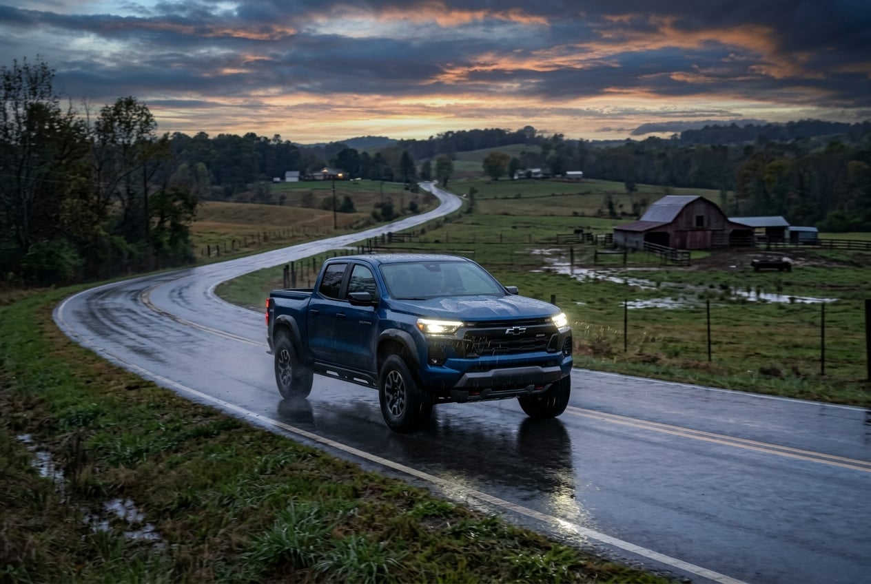 2027 Chevrolet Colorado in dark blue with headlights on driving on a rain-slicked rural highway past Sand Mountain farmland near Albertville, Alabama at dusk, safety and confidence mood, realistic automotive photography, no people, no text, no logos (Representative image for illustration purposes only. Actual vehicle may vary based on trim and configuration.)