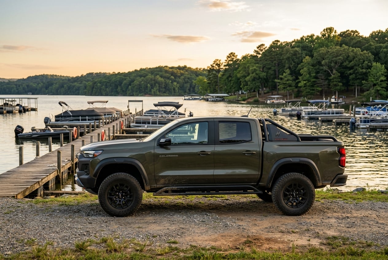 2027 Chevrolet Colorado Trail Boss in dark green, side profile showing rugged styling and off-road tires, parked beside a wooden marina dock on Lake Guntersville, Alabama, pontoon boats and tree-lined shore behind, golden hour, realistic automotive photography, no people, no text, no logos (Representative image for illustration purposes only. Actual vehicle may vary based on trim and configuration.)