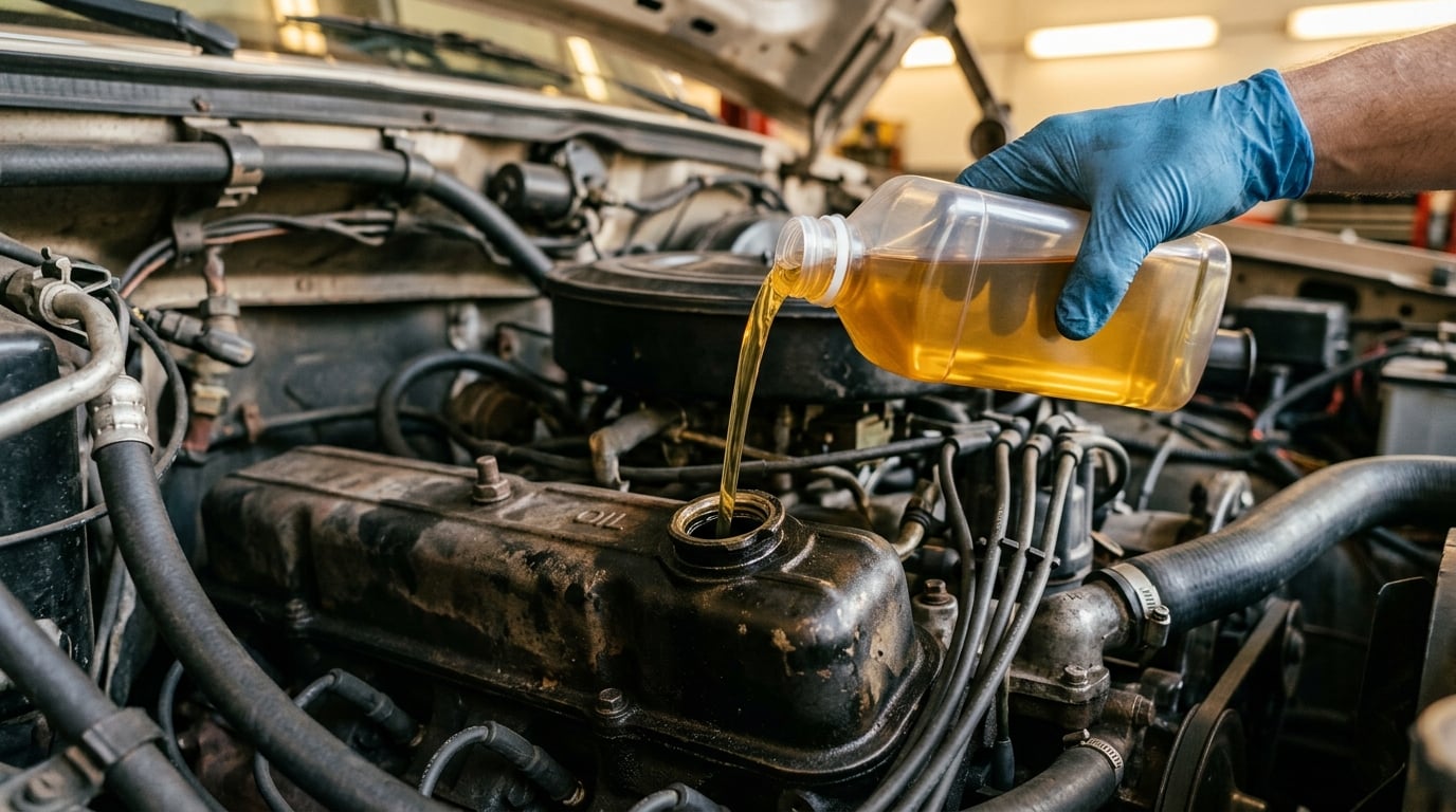 Synthetic motor oil being poured into an older high-mileage engine